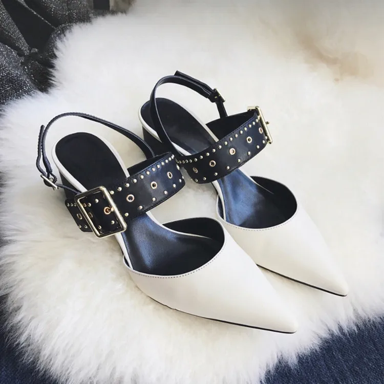 

Pointed rivet punk thick with women's shoes white black leather high heel sandals ladies sandals fashion women's shoes