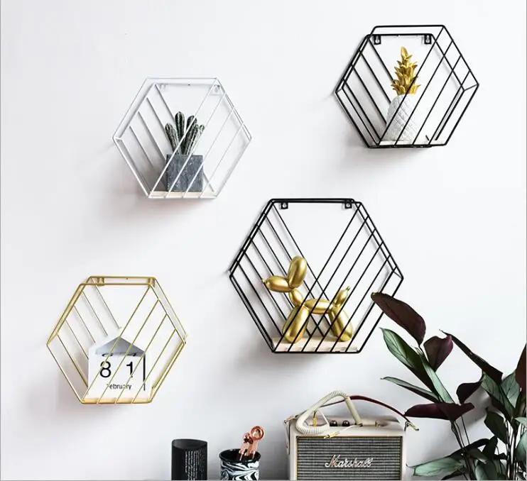 Storage Holders Racks Iron Wall Shelves Combination Wall Hanging Living Room Geometry Wall Decor