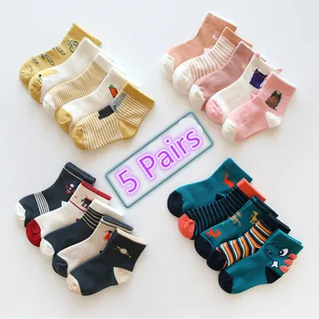 

5 Pairs Spring Boy Girl Cartoon Fox Dinosaur Kids Baby Socks Girl Boy Baby Toddler Cotton Socks Animal Infant Soft Socks 0-12 Y
