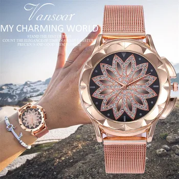 

Vansvar Luxury Watch Womern Famous Brand 2020 Casual Quartz Stainless Steel Band Women Lucky Flower Rhinestone Watch Clock