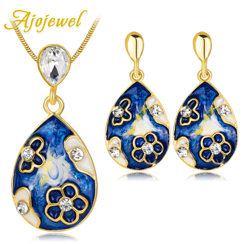 

Ajojewel Beautiful Enamel Flower Fashion Jewelry Sets Womens Accessories Rhinestone Earrings Necklace Set Golden Jewellery