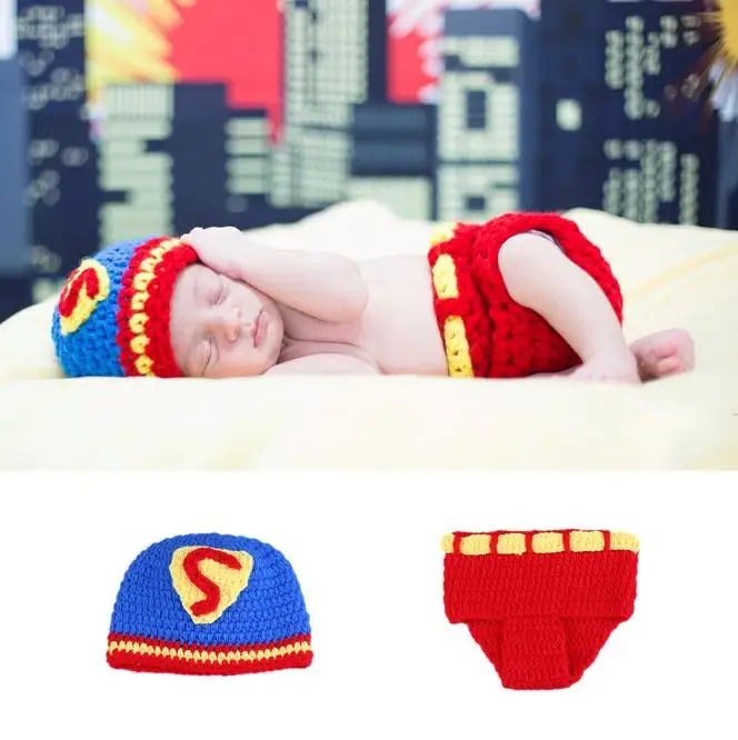Newborn Superman Costume for Photo Shoot Knitted Baby Hat and Diaper Set Photography Props Infant Shower Gift | Детская одежда и