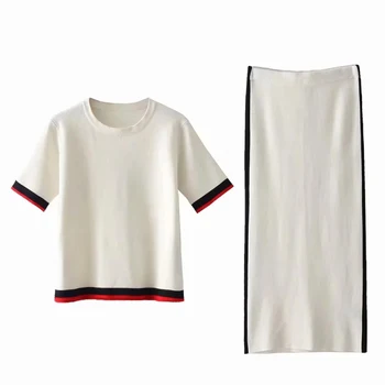 

2019 Women Two Piece Set for Spring-Autumn Ladies Simple Striped Skirts Set Best Fabric Tops Sets Girls Split Knitwear Sets chic
