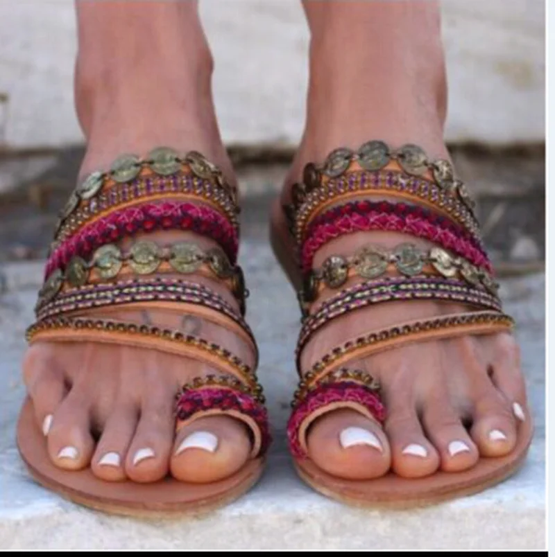 

2019 Cross-Tied Bling String Bead Ethnic Rome Shoes Women Bohemian Flat Beach Flip Flops Sandals Women Shoes Large Size35-42