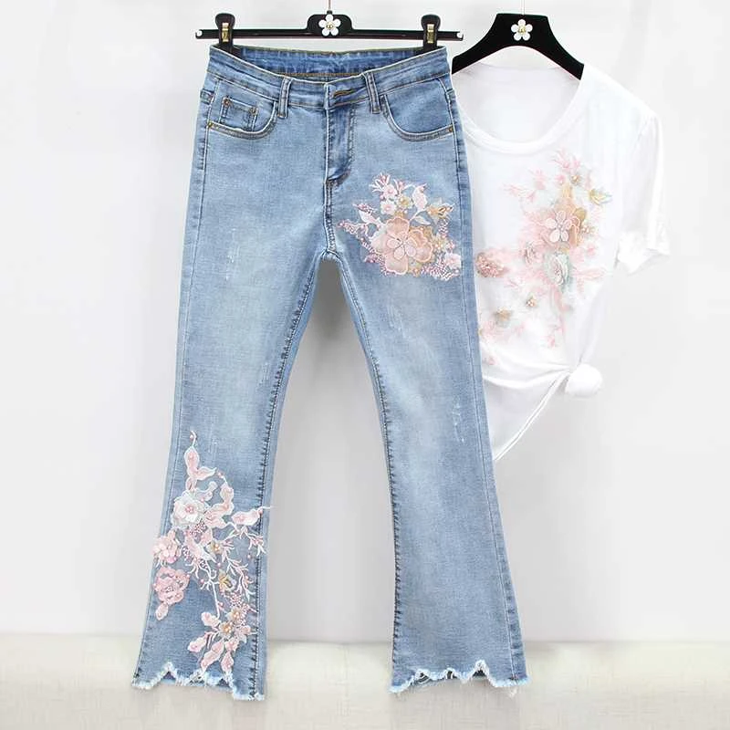 2019 de lujo agujero nuevo pantalones femeninos Denim Jeans bordado retro lentejuelas 3D moda floral Jeans pantalones con Jeans|Pantalones vaqueros| - AliExpress