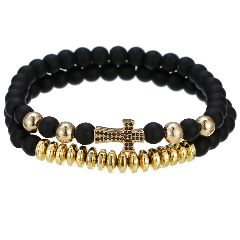 

Fashion Couple Micro-inlaid Zircon Bracelet Sets Men Jewelry 6mm Natural Stone Beads Micro-inlay Cross Charm Bracelets For Women