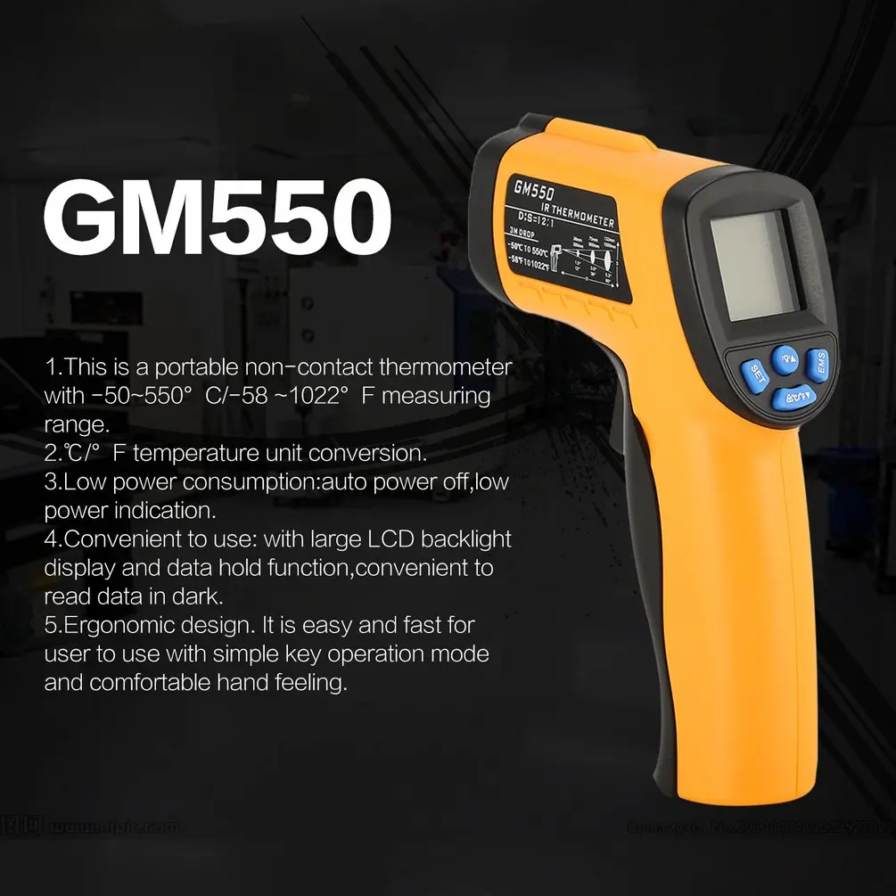 

GM550 Digital LCD Handheld Infrared Thermometer Temperature Meter Tester Red Laser Portable Non Contact Pyrometer Gun
