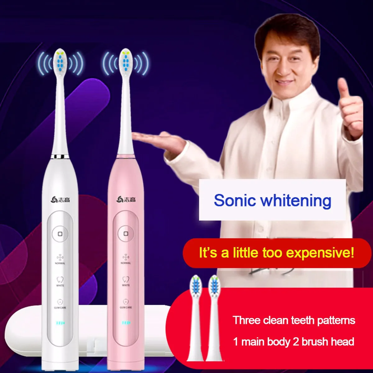 

USB Rechargeable Sonic Electric Toothbrush With 2Pcs Replaceable Heads, Waterproof Timer Teeth Tooth Brush