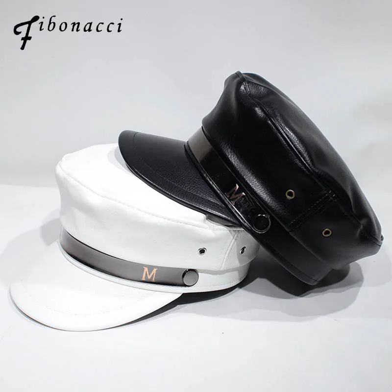  New Fashion Patent Military Hats High Quality Ladies Hats Solid Flat Top Hat PU Leather Bone Captai