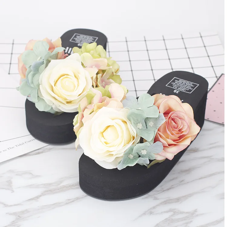2017 Women Summer Flip Flops Cause Slippers Beautiful Flowers Female High Heel Cheap Platform Beach Shoes Online49
