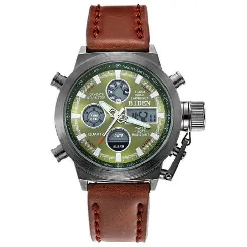 leather black green Бренд biden для мужчин Diver светодиодный цифровой спортивные военные часы пояса из натуральной кожи нейлон кварцевые наручные часы водонепроница - Цвет: leather black green