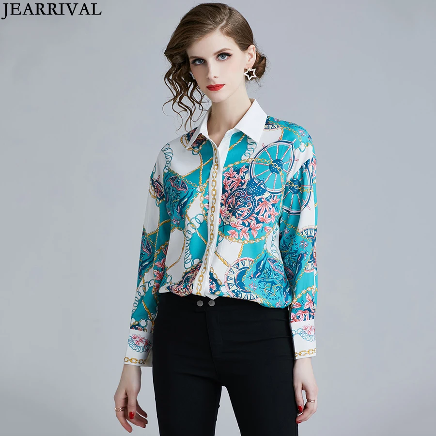 

JEARRIVAL Designer Womens Tops And Blouses 2019 Spring Runway Style Long Sleeve Printed Vintage Tops Casual Work Office Shirts