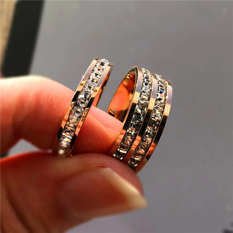 

Luxury Female Crystal Zircon Stone Ring Fashion Stainless Steel Wedding Rings Promise Rose Gold Engagement Rings For Women