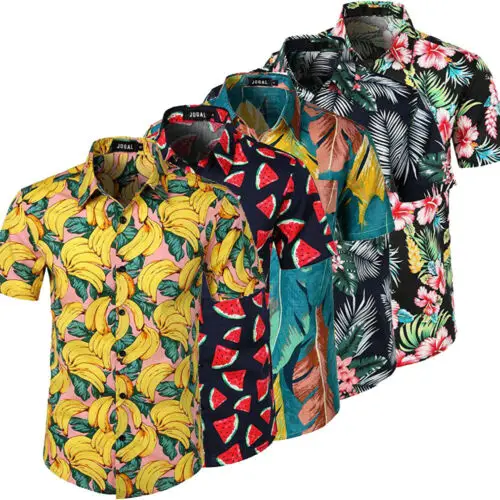 De moda gran oferta hombres flor hawaiana-impresión de manga corta de verano de playa estilo solapa informal de vacaciones ropa cómoda S-XXL