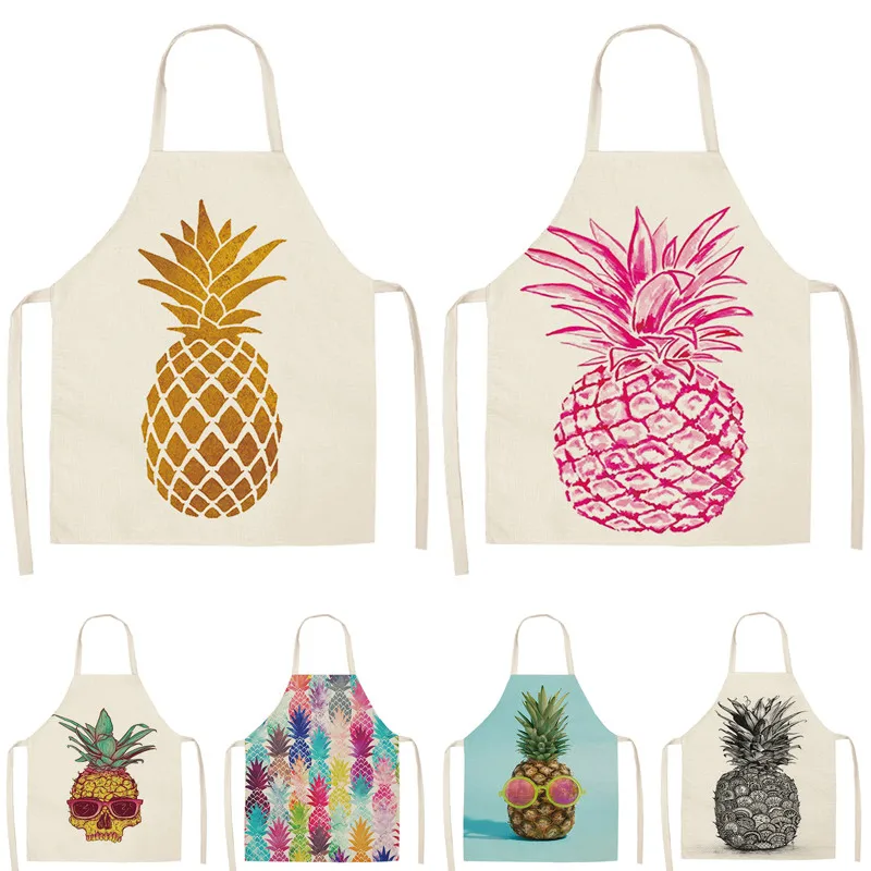 

1Pcs Pineapple Printed Cleaning Aprons Sleeveless Home Cooking Kitchen Apron Cook Wear Cotton Linen Adult Bibs 53*65cm WQ0007