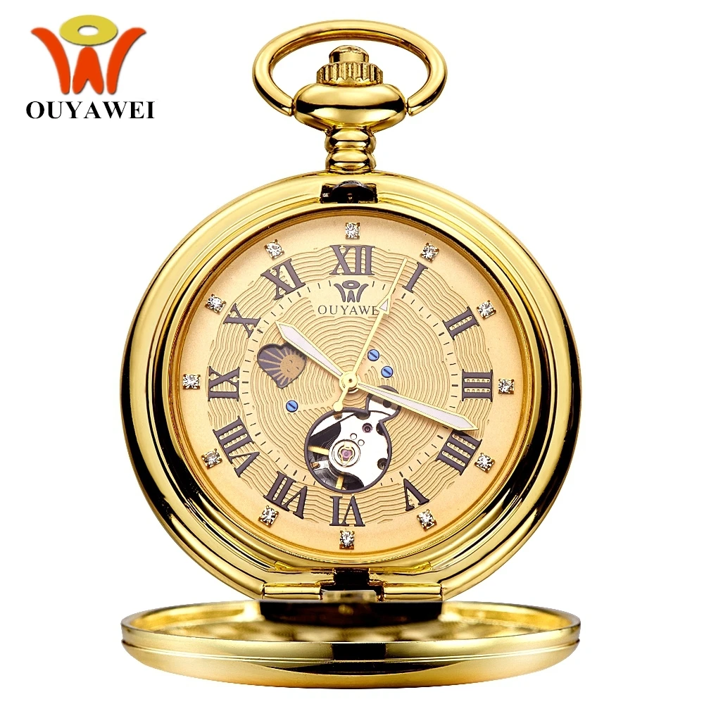 NEW Luxury OUYAWEI Mechanical Pocket Watch Men Full Steel Case Pocket Fob Watch Analog Gold Dial Steampunk Vintage Hombre Clock NEW Luxury OUYAWEI Mechanical Pocket Watch Men Full Steel Case Pocket Fob Watch Analog Gold Dial Steampunk Vintage Hombre Clock