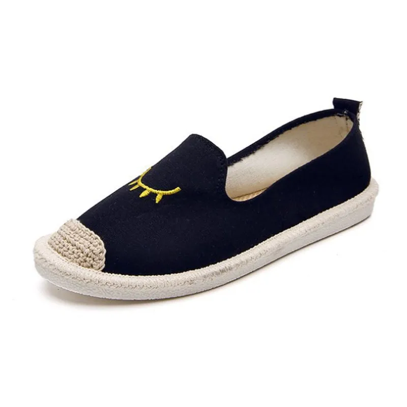 summer ladies flat shoes embroidered eye pattern women's espadrilles rubber soles with linen toe casual fashion loafers