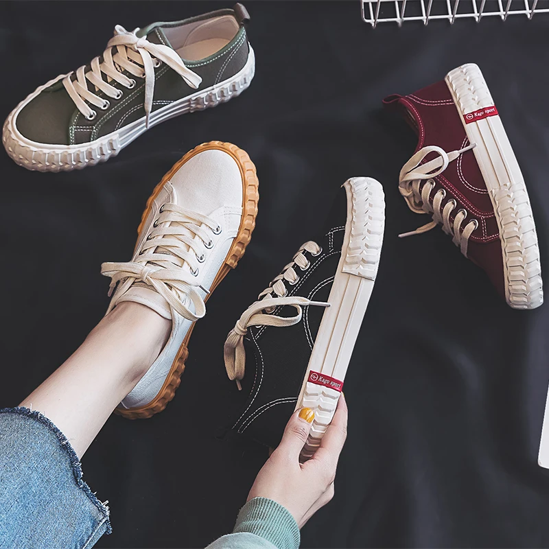 

Summer New Red Shoes Women 2019 Autumn Trendy Shoes Canvas Shoes Student's Flat Bottom Sneakers Solid Color Thick Sole 35-40