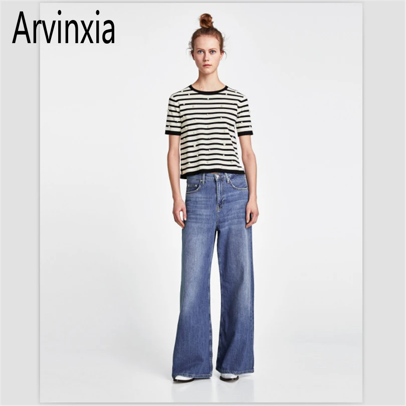 

Arvinxia ZA Casual Beading Striped Women Shirts Sexy O-Neck Short Sleeves Ladies Tee Summer Comfortable Cotton Slim Female Shirt