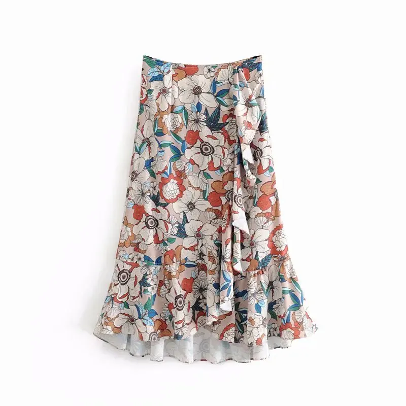 мода каскадные оборки Цветочные vestidos печать Асимметричная юбка faldas mujer Женская