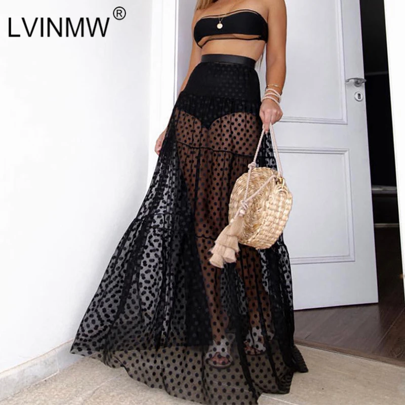 

LVINMW Sexy Black Mesh Polka Dot Long Skirts 2019 Summer Beach Women Patchwork Transparent Loose Skirts Female White Casual