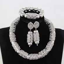 Большой смелое заявление комплект ювелирных изделий Серебро африканские бусы Свадебные украшения в нигерийском стиле Для женщин вечерние подарок набор с коротким ожерельем WE237