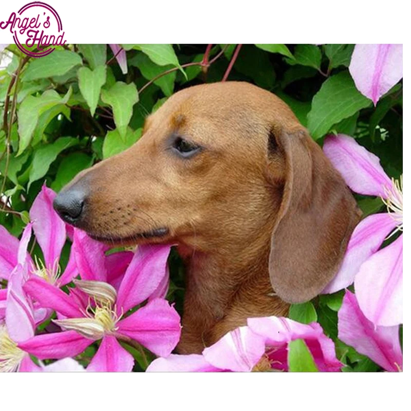 full square drill Diamond embroidery dog in flower 5D DIY diamond painting Cross Stitch Rhinestone mosaic decoration