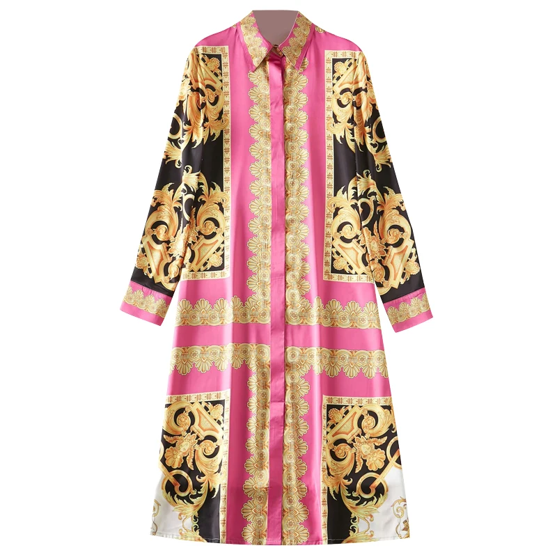 

PERHAPS U pink turn down collar vintage print hit color button long sleeve midi straight shirt dress elegant Early Autumn D1793