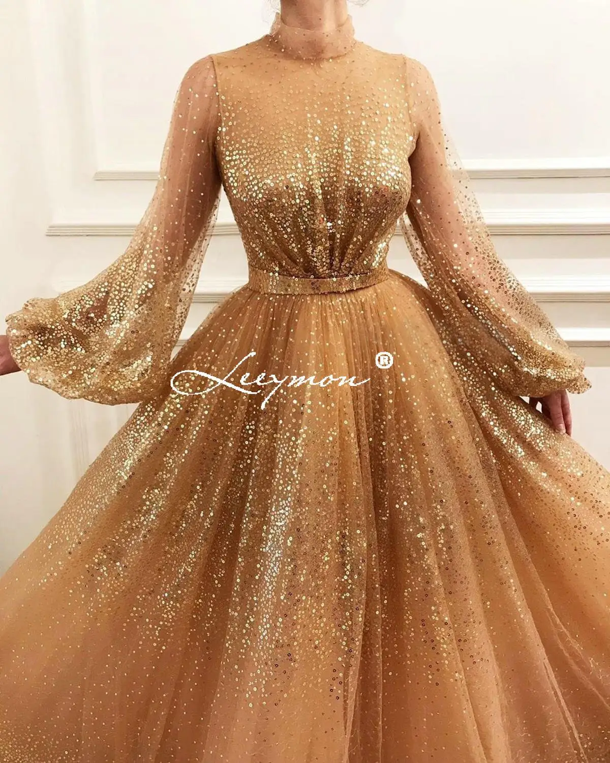 Золотое блестящее вечернее платье, бальное платье, сверкающие пышные рукава, длина до пола, Высокая Шея, официальное длинное платье для выпускного вечера