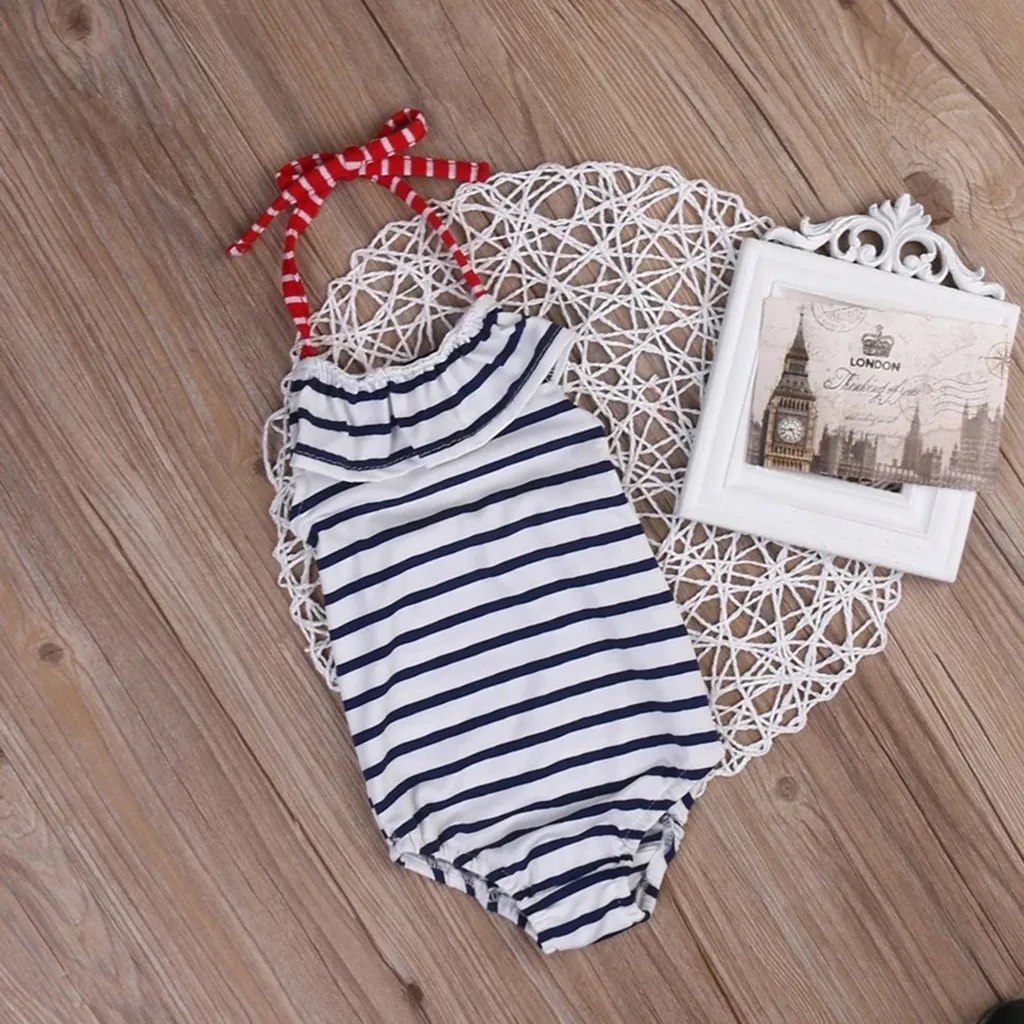 

2019 Summer Girls One Piece Swimsuit Children Striped Patchwork Swimwear Toddler Ruffle Beachwear Kids Swim Suit Baby Monokini
