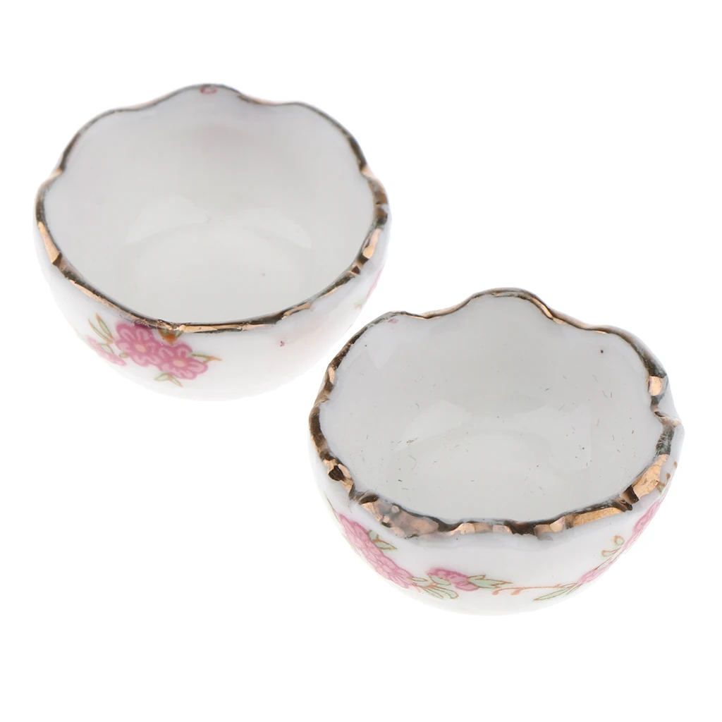 2pcs Floral Porcelain Bowls Set for 1/12 Dollhouse Utensils Kids Pretend Play Toys White