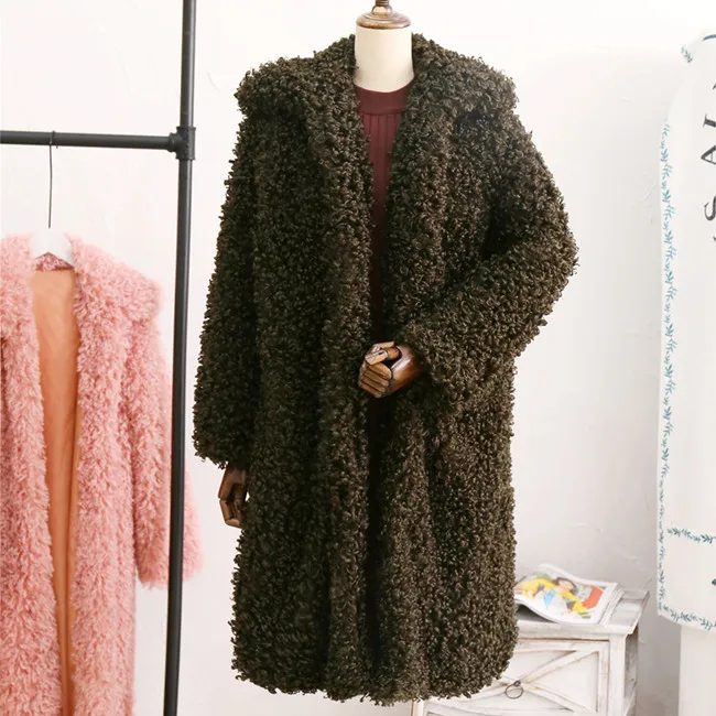 Женские одноцветные лохматые пальто и куртки из овечьей шерсти зимняя плотная верхняя одежда пальто из искусственного меха женское приталенное меховое пальто cwf0058-5 - Цвет: Зеленый