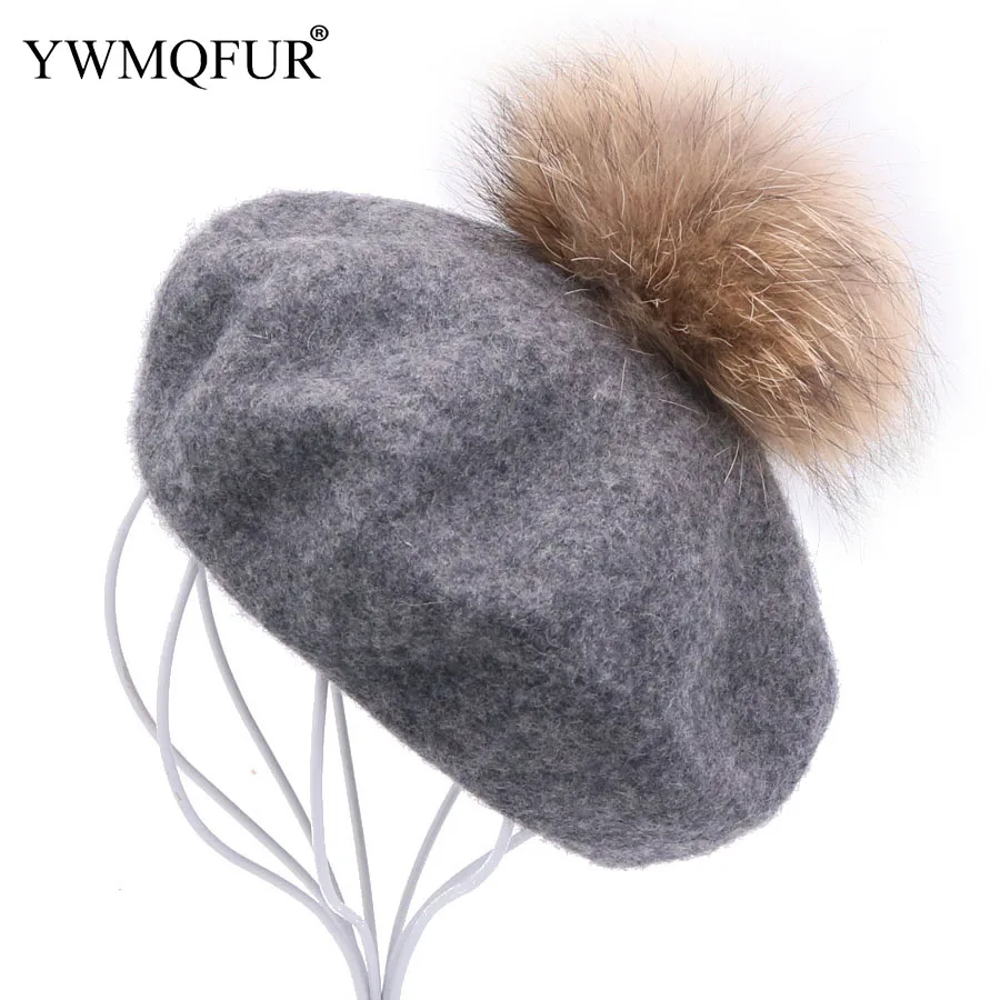

Solid Vintage Wool Beret Women Caps Autumn Winter Casual Girl Gift With Raccoon Fur Ball Female Fashion Lady Hat New Arrival