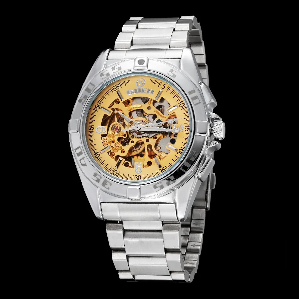 GOER brand men s mechanical watches Automatic Skeleton stainless steel Luminous digital waterproof male Wrist watch