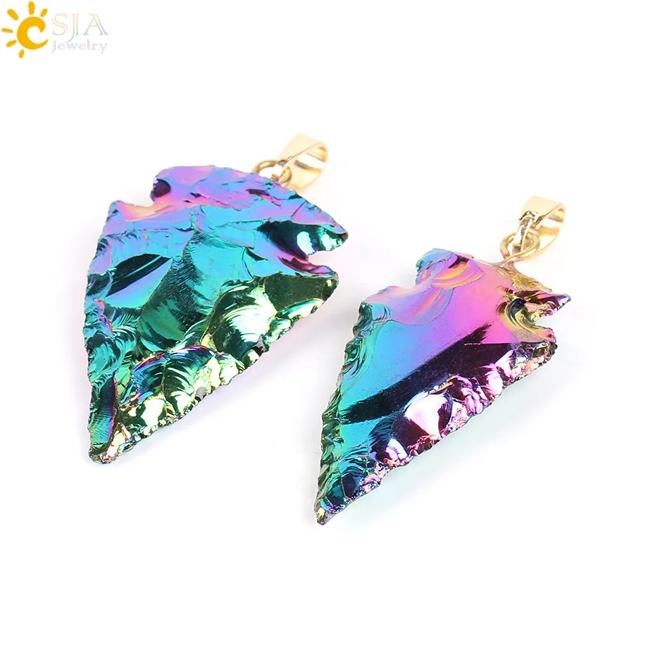 

CSJA Natural Gem Stone Colorful Raw Tourmaline Arrowhead Men Necklaces Pendants Electroplated Gold-color Hook Reiki Jewelry E703