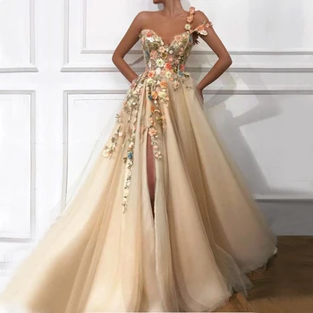 

Muslim High Slit One Shoulder Evening Dresses Long Saudi Arabic 2019 Dubai Flowers Prom Dress Islamic Party Gowns robe de soiree