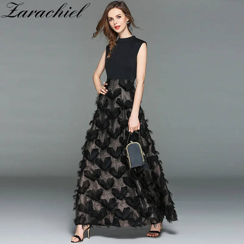 

Runway Designer 2019 Summer Women Sleeveless Bronzing Feathers Patchwork Evening Party Long Dress Elegant Love Tassel Maxi Dress