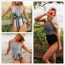 Сексуальный цельный купальник Женская одежда для плавания монокини с пуш-апом принт полосатый купальный костюм Лоскутная пляжная одежда шорты пляжные женские
