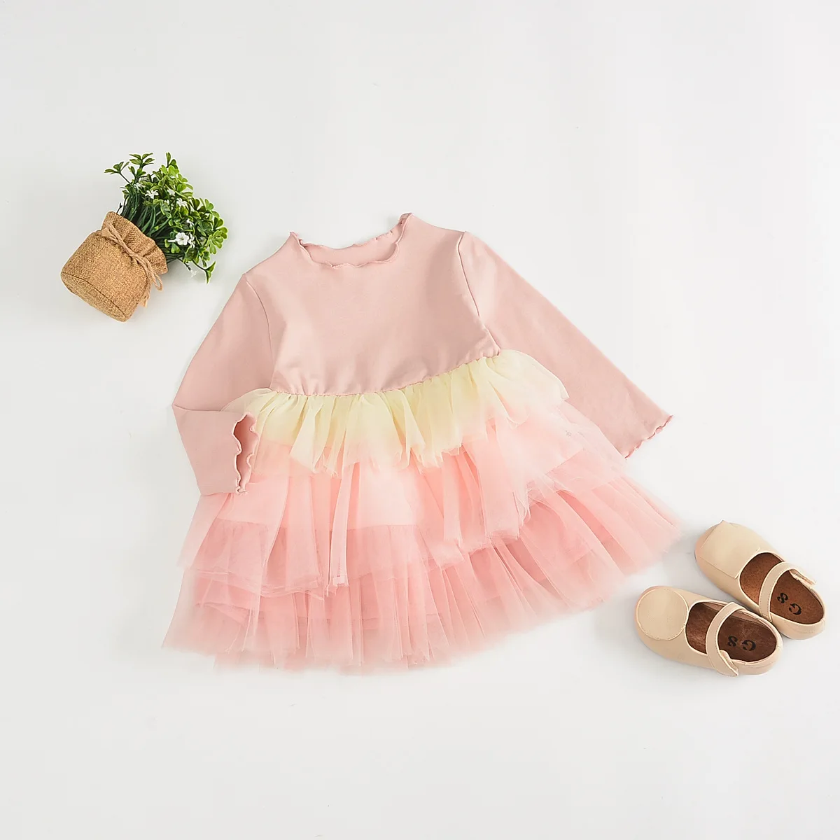 Осеннее милое модное многослойное Сетчатое платье для девочек короткие джинсовые пальто с длинными рукавами детские повседневные комплекты одежды - Цвет: Розовый