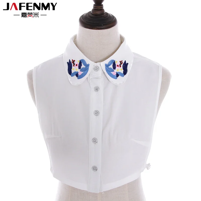 Ложный воротник с голубой цветочной вышивкой белый однотонный съемный Женские