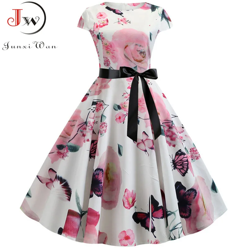 2019 Women Summer Dress Vintage Floral Print Rockabilly Dress Robe Femme Sundress Vestidos Plus Size Polka Dot Party Dress