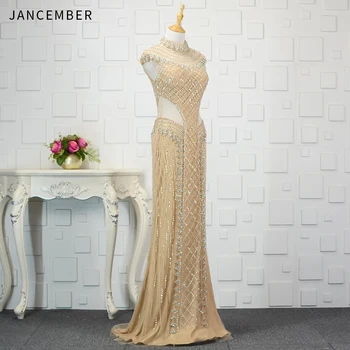 

JANCEMBER New שמלות נשף Beading Crystal Pattern Sequined High-Neck Cap Sleeve Illusion Court Train Mermaid vestido noche largo