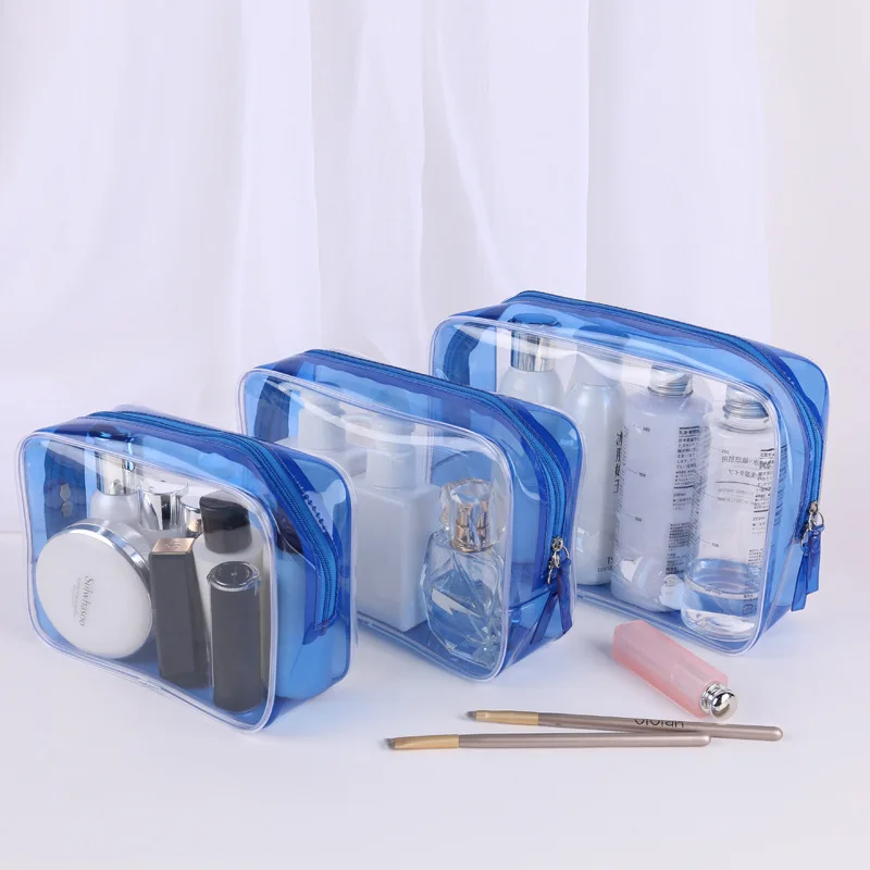 PURDORED 1 pc Blue Clear Cosmetic Bag Travel PVC Women Makeup Bag Zipper Makeup Organizer Bath Wash bag Case Dropshipping