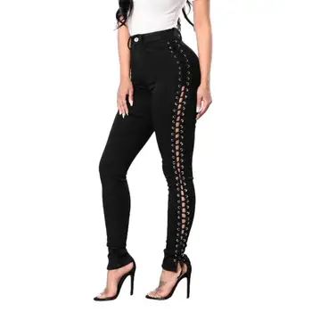 

Women's High Waist Bandage Side Long Pants Waist Trousers Black