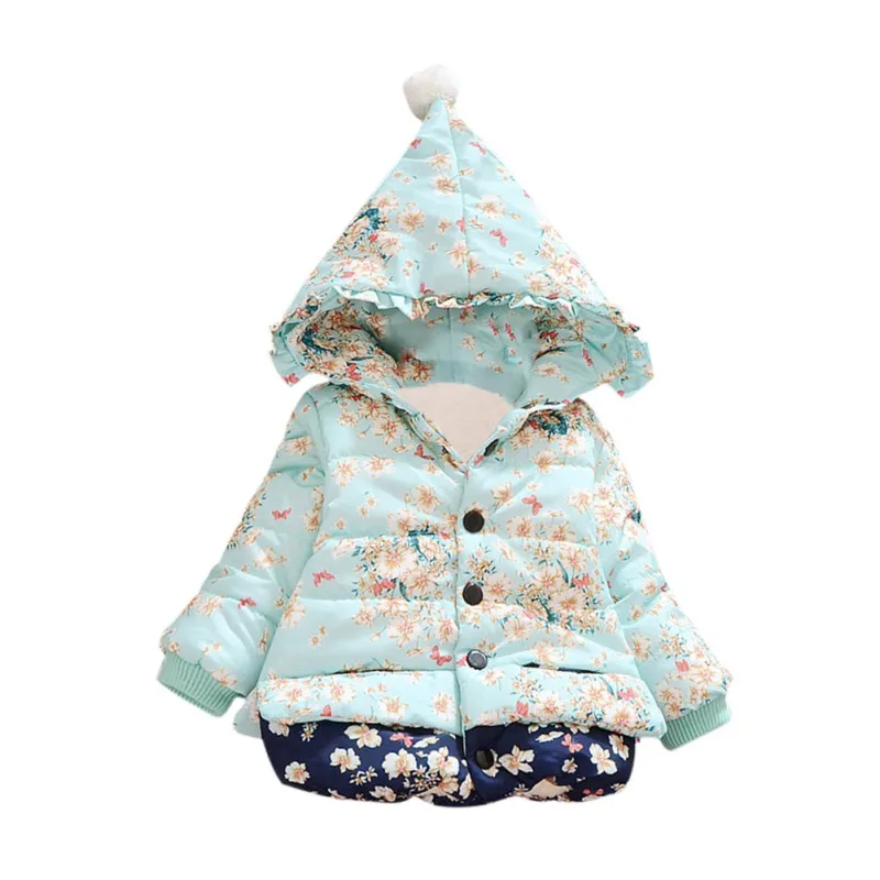 

Hot Baby Floral Hooded Coat Girls Plus Velvet Cotton Coat 2018 New Winter Children Casual Print Outerwear Kids Clothing 9-48M W
