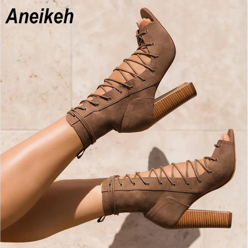 chunky heel lace up booties open toe