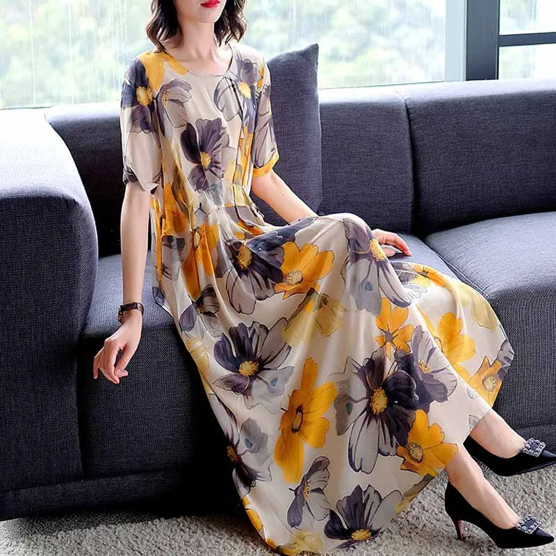 

S-2XL 2019 Summer Women Long Print Dress Imitated Silk Bohemian Floral Print Loose Dress Female Casual Silk Holiday Long Dresses