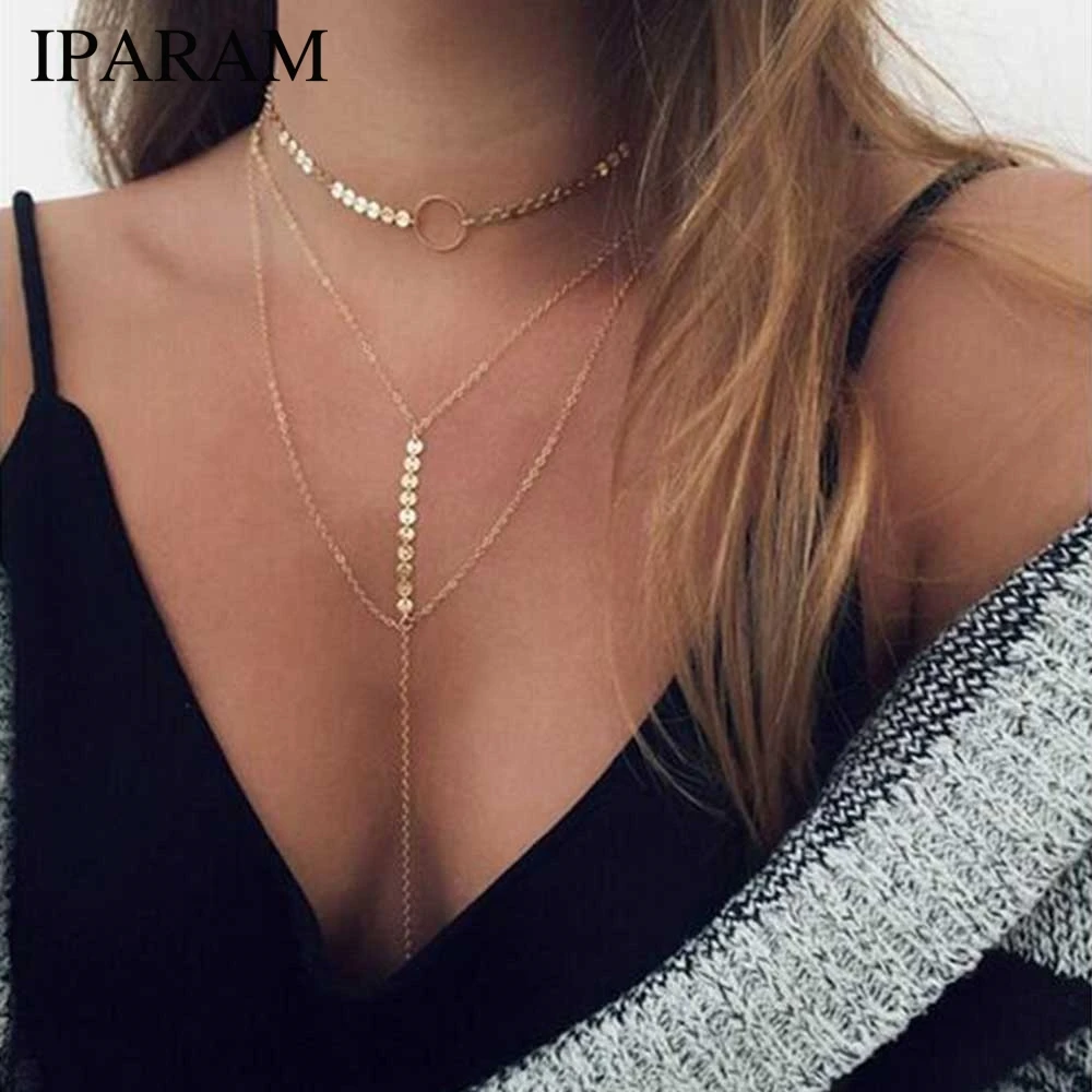 

IPARAM Gold Sequins Long Tassel Star Choker Necklace Bohemian Women's Multilayer Sequins Long Pendant Collar Necklace Jewelry Gi