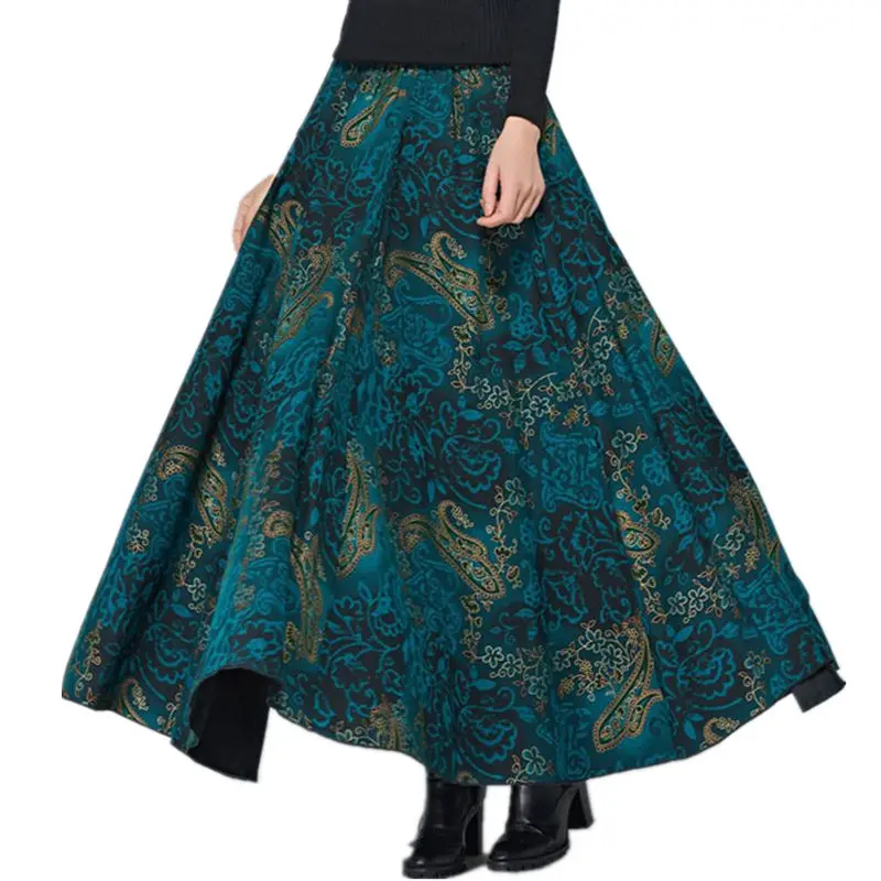 

Vintage Wool Skirts Womens High Waist Jupe Femme Print Flower Long Skirt Faldas Autumn Winter Maxi Warm Woolen Pleated Skirt Z79