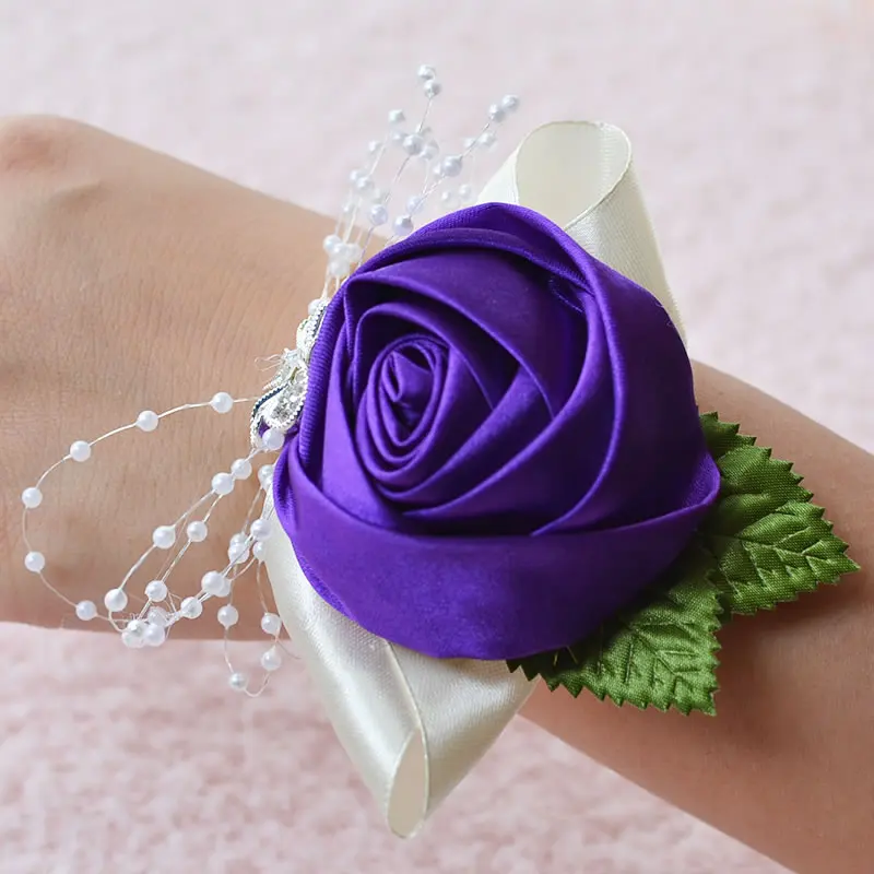 Kyunovia Свадебный Выпускной корсет для невесты на запястье корсажи цветок жемчужный браслет ручной работы цветок на запястье для подружки невесты ручной работы Цветы FE22 - Цвет: Purple